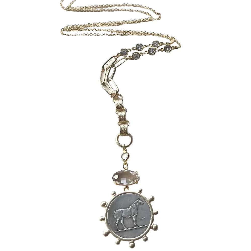 Horse French Coin w/ Vintage Book Chain Necklace