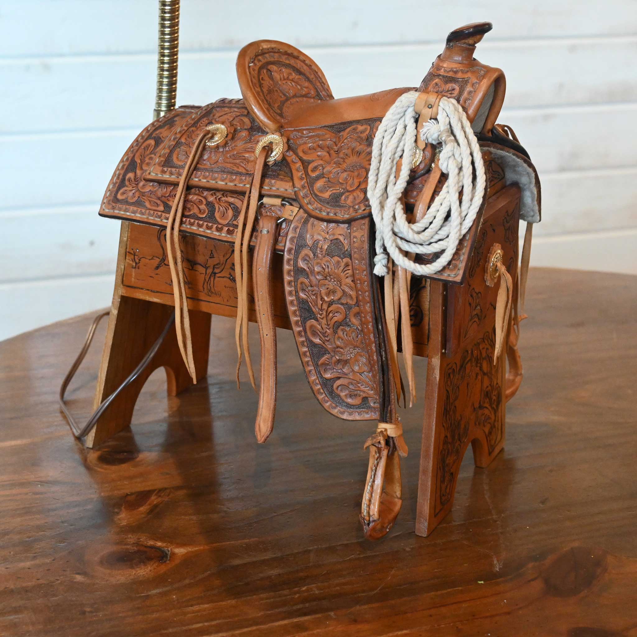 John H. Kittleson Tooled Leather Mini Saddle Lamp - Image 2
