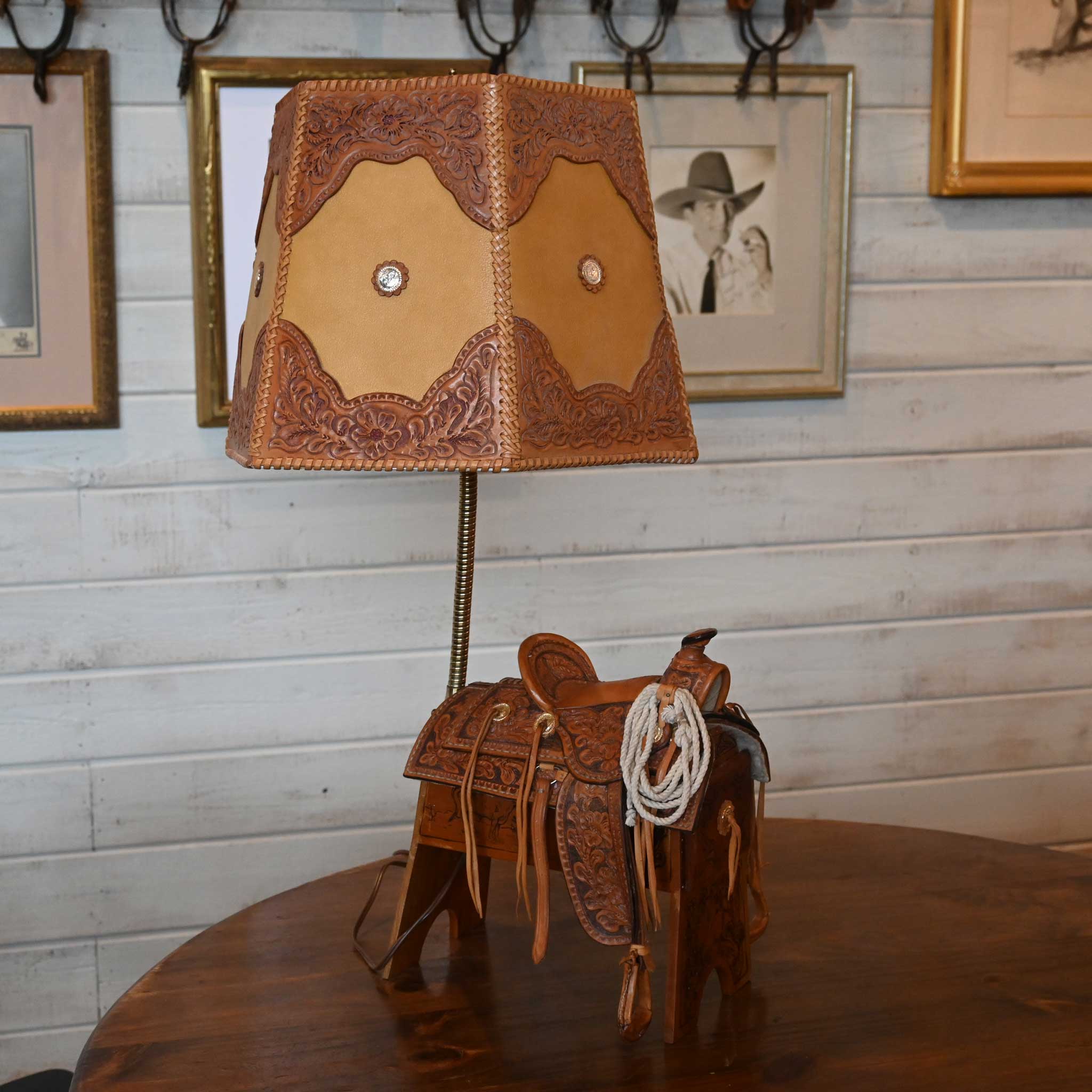John H. Kittleson Tooled Leather Mini Saddle Lamp - Image 3
