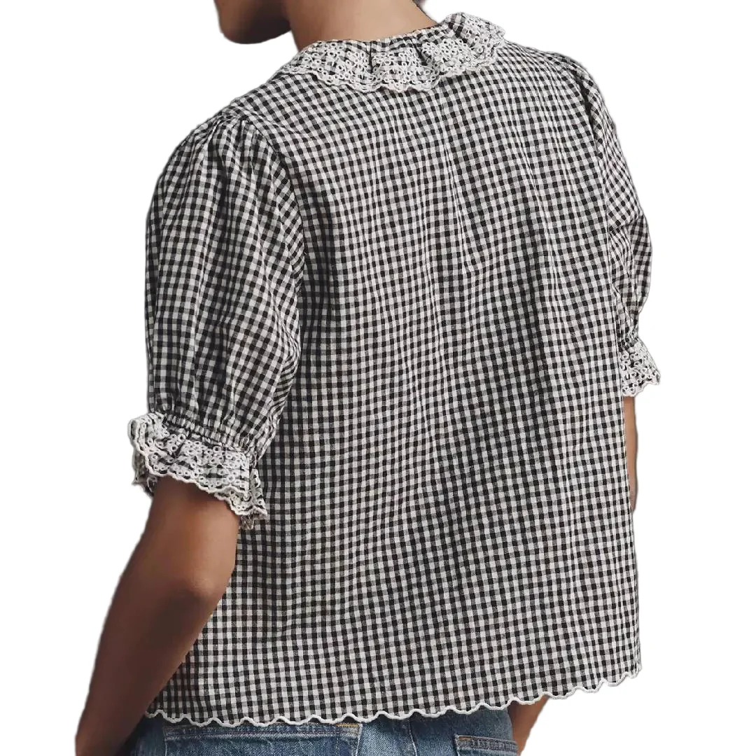 Black Gingham Lace Ruffle Top - Image 2
