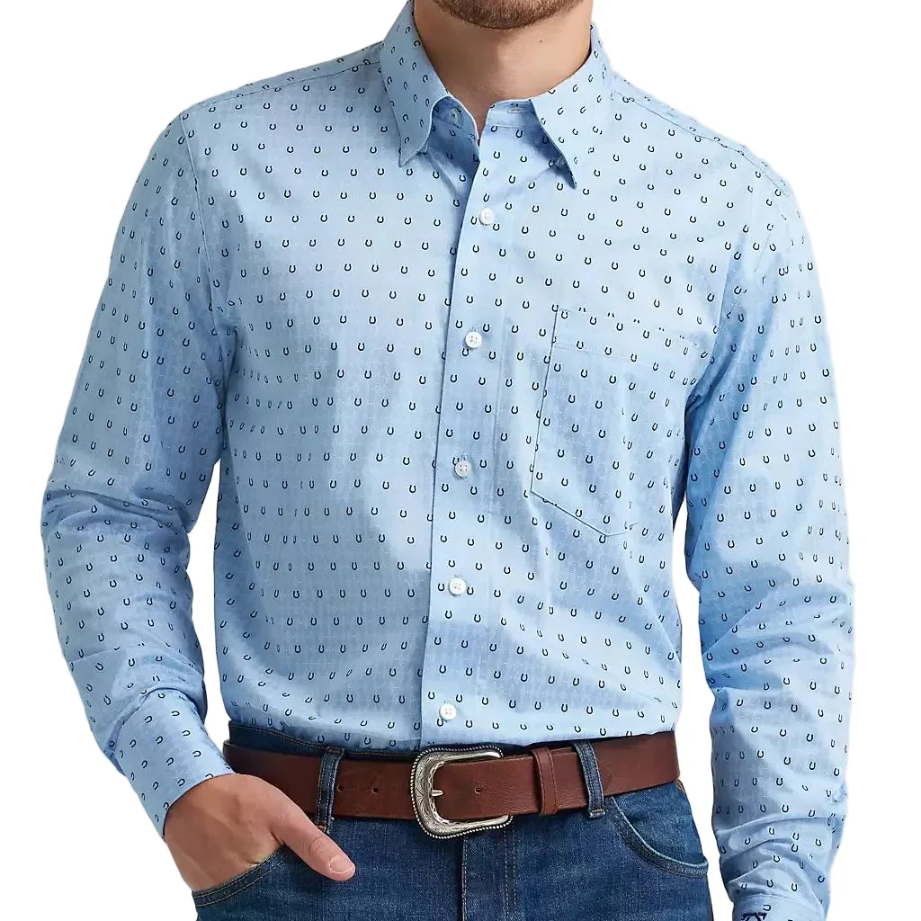 Wrangler Men's Cody Johnson Classic Fit Blue Print Button Up Shirt