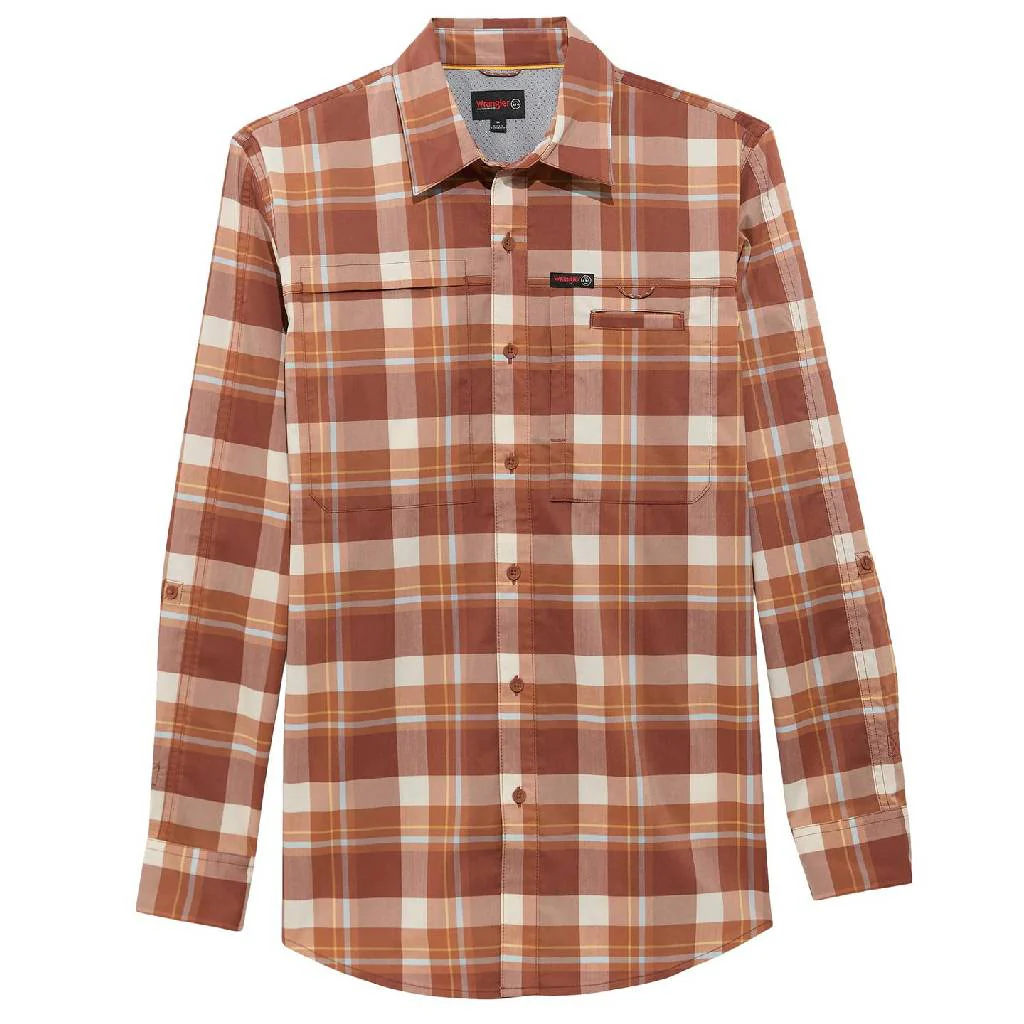 Wrangler Men's ATG Hike to Fish Mahogany Checkered Button Down Shirt