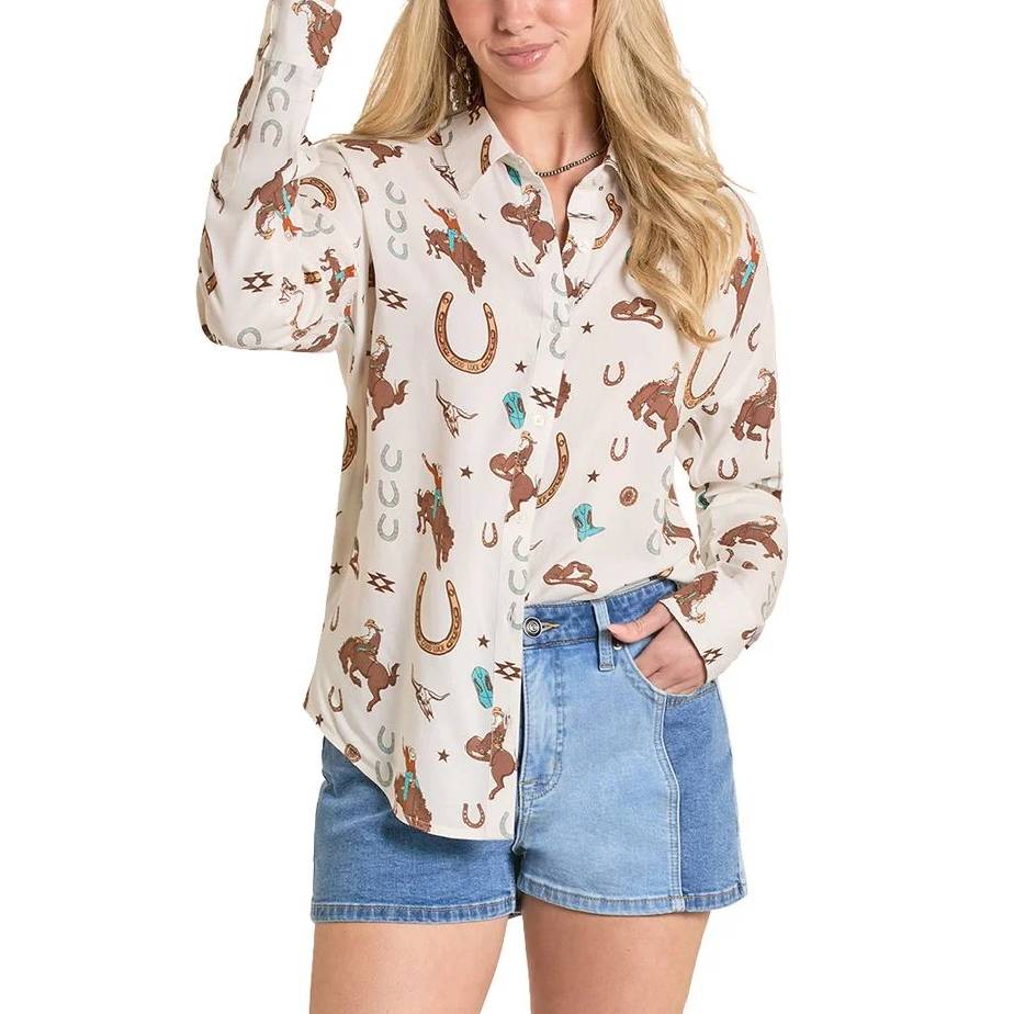Rock & Roll Denim Women's Conversational Western Print Button Down Shirt