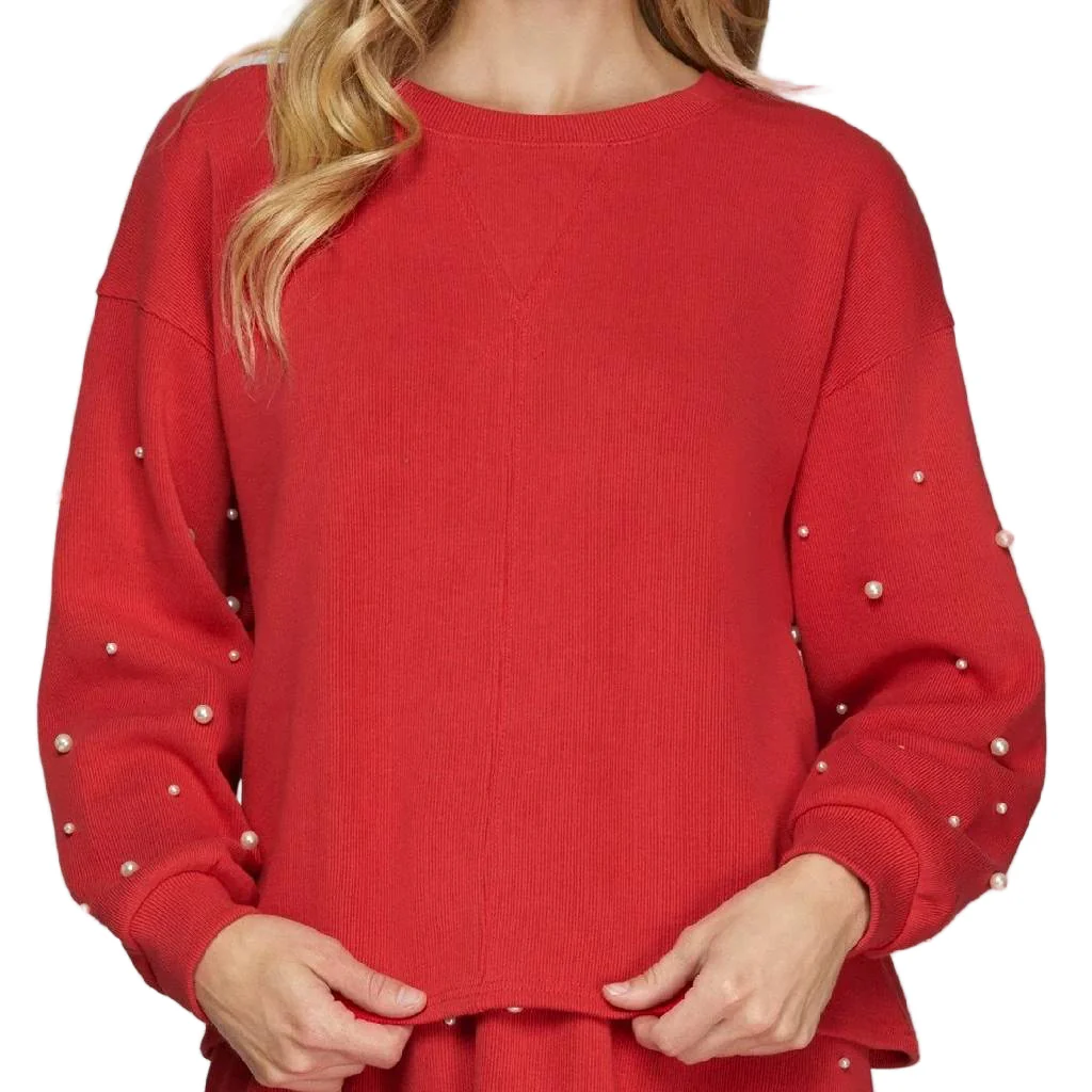 Pearl Knit Long Sleeve Red Top - FINAL SALE