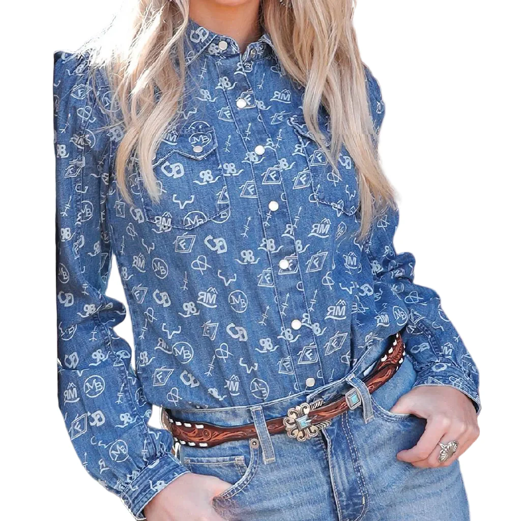 Cruel Denim Women's Brand Print Pearl Snap Shirt