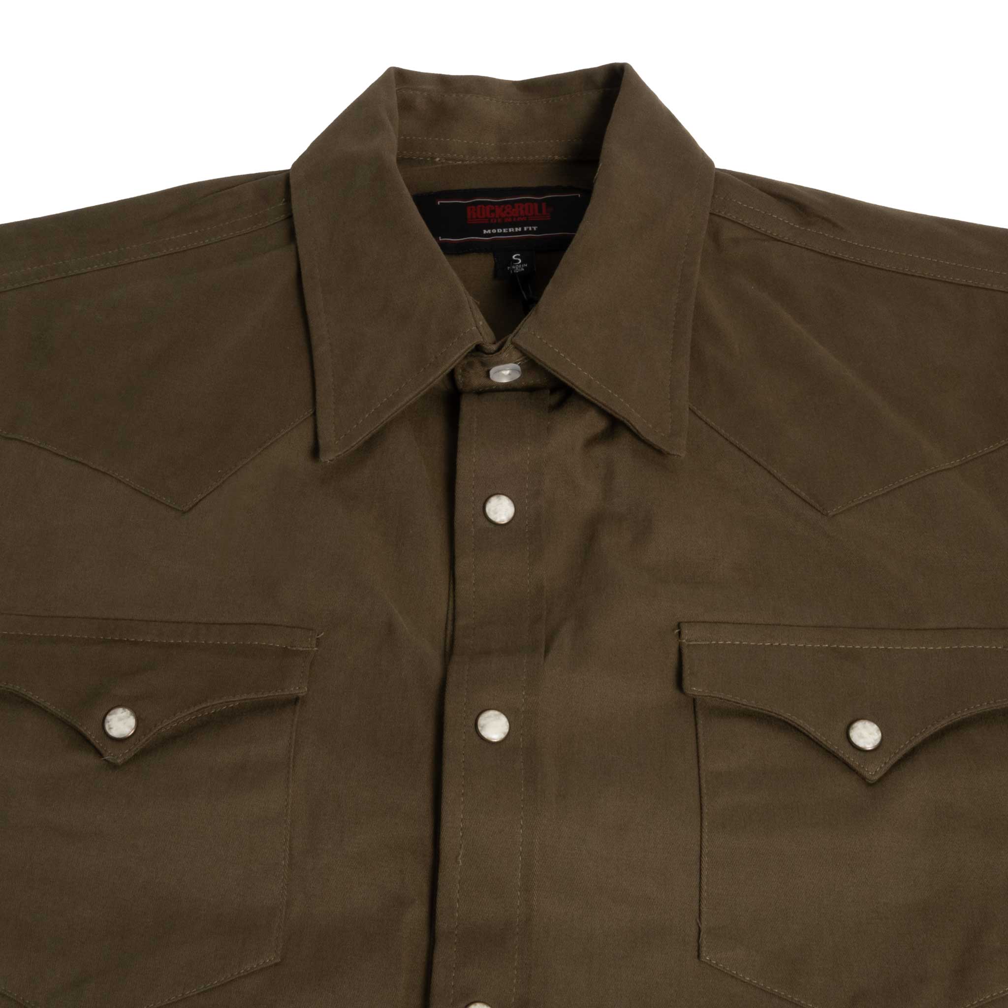 Rock & Roll Denim Men's Solid Woven Olive Pearl Snap Shirt - Image 2