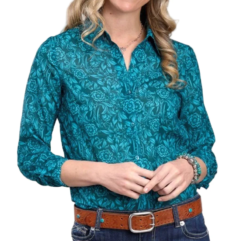 Roper Women's Floral Tooled Print Teal Button Down Shirt - FINAL SALE