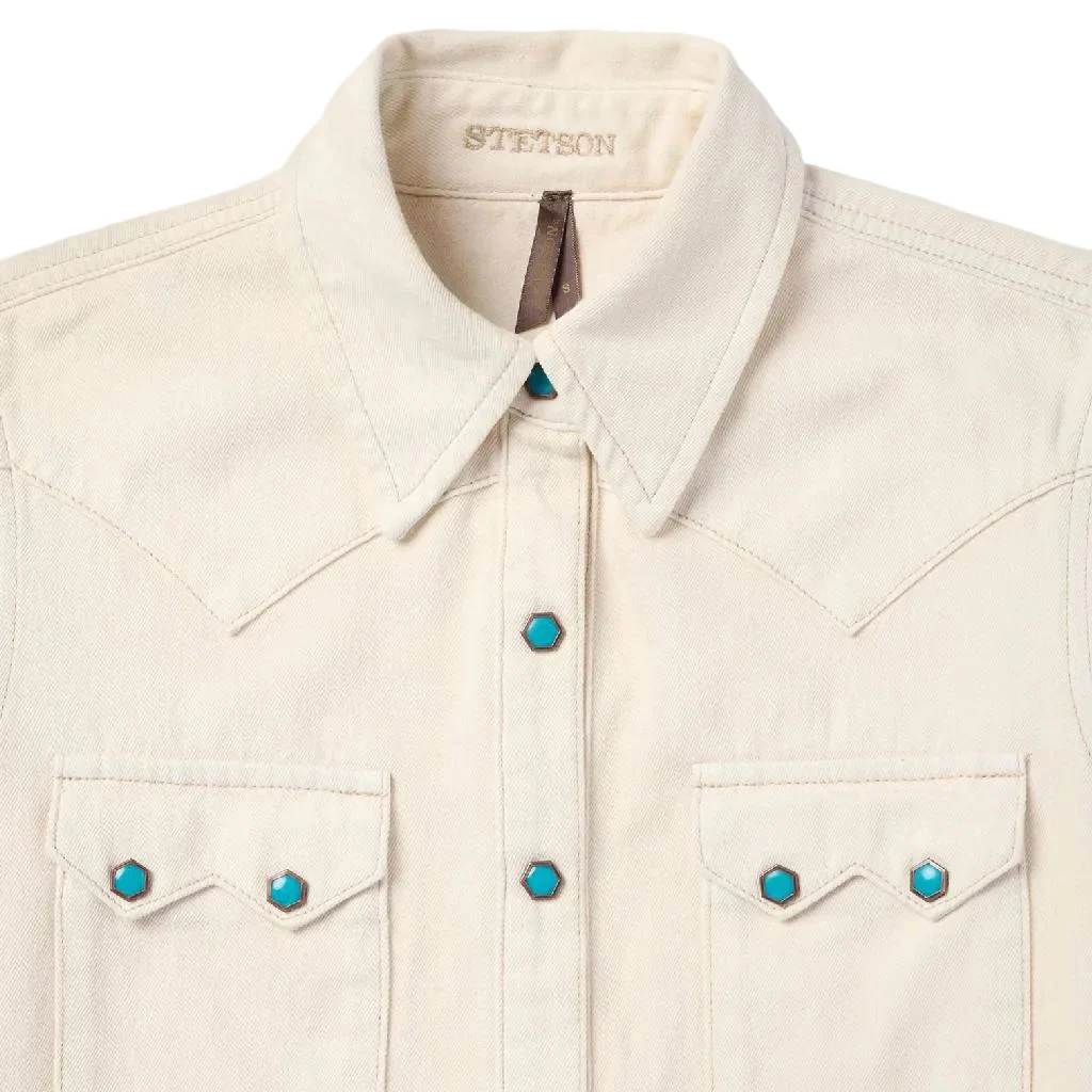 Stetson Women's Turquoise Snap White Denim Western Shirt - Image 3