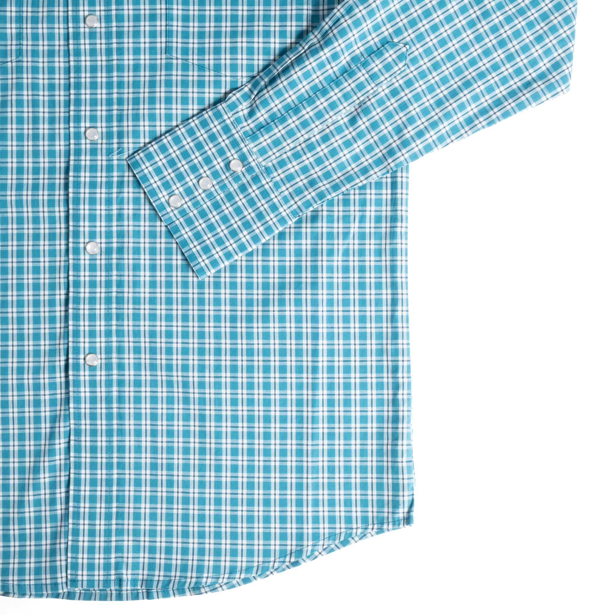 Wrangler Men's Wrinkle Resistant Teal Plaid Pearl Snap Shirt - Image 3