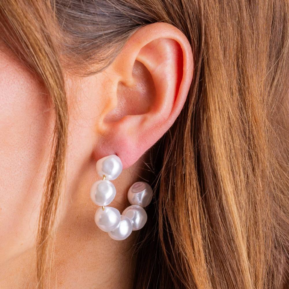 Megan Medium Pearl Gold Hoop Earrings - Image 2
