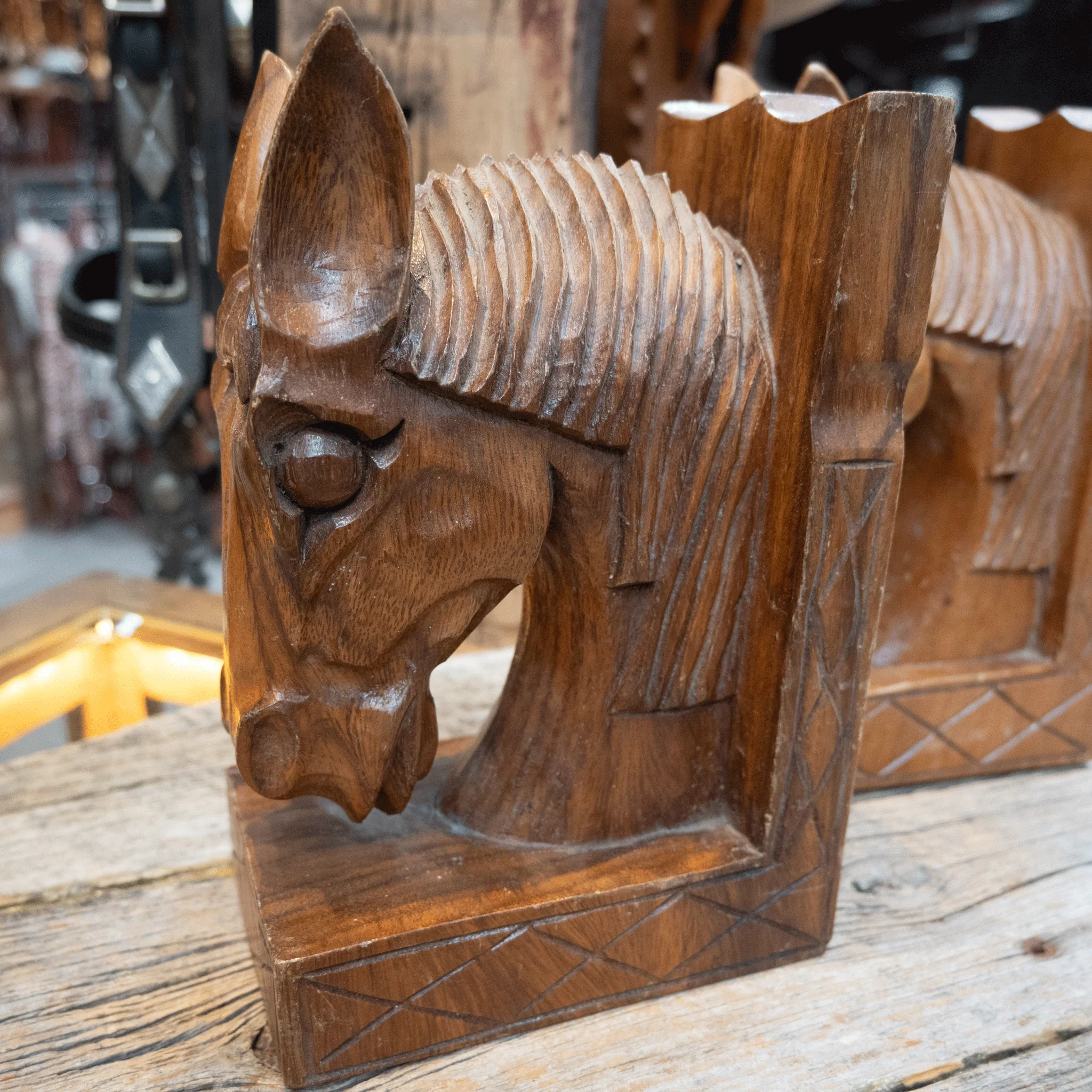 Mid Century Carved Wooden Horse Head Bookends - Image 2
