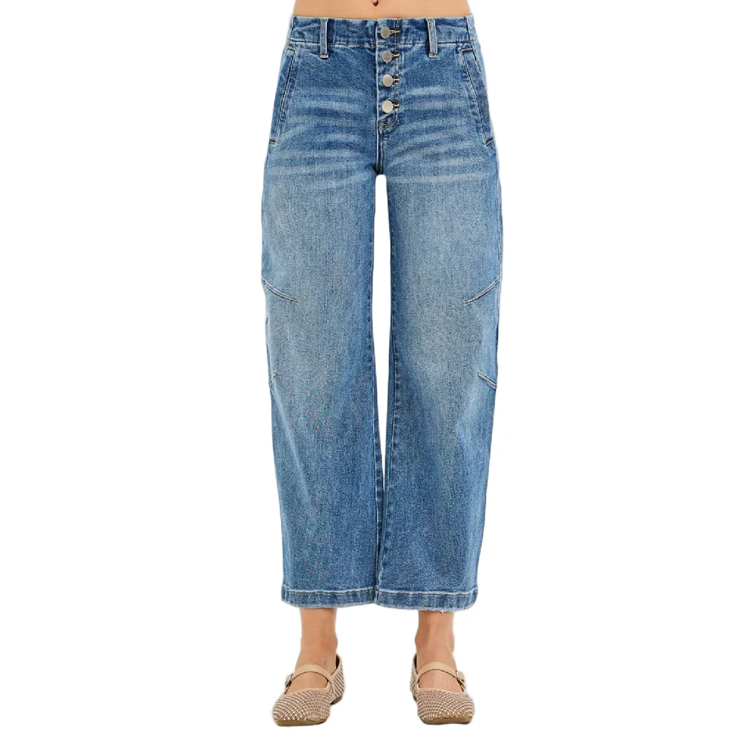 Risen Mid Rise Crop Twisted Seam Barrel Jean