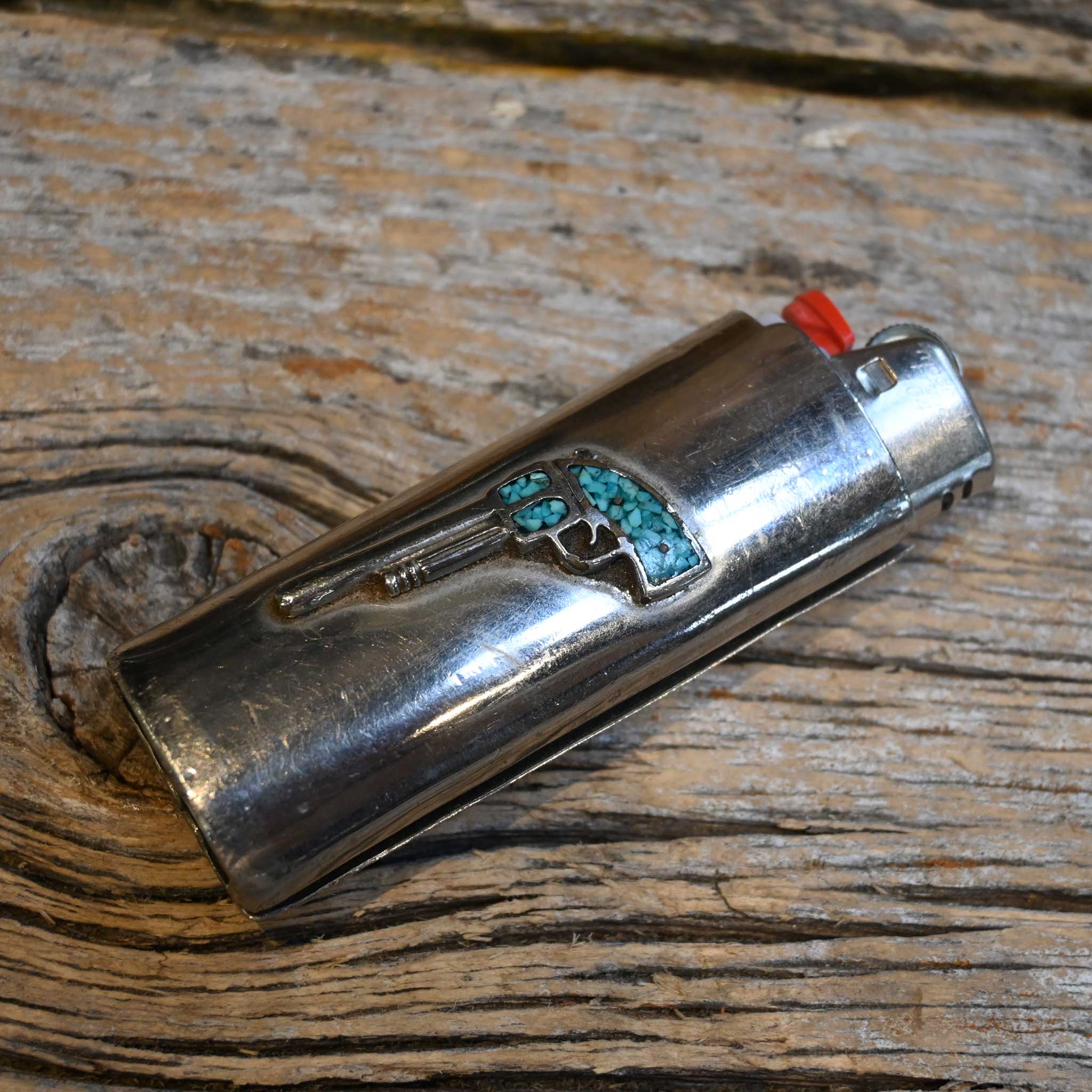 Nickel Bic Lighter cover w/a Turqouise Pistol Motiff - Image 2