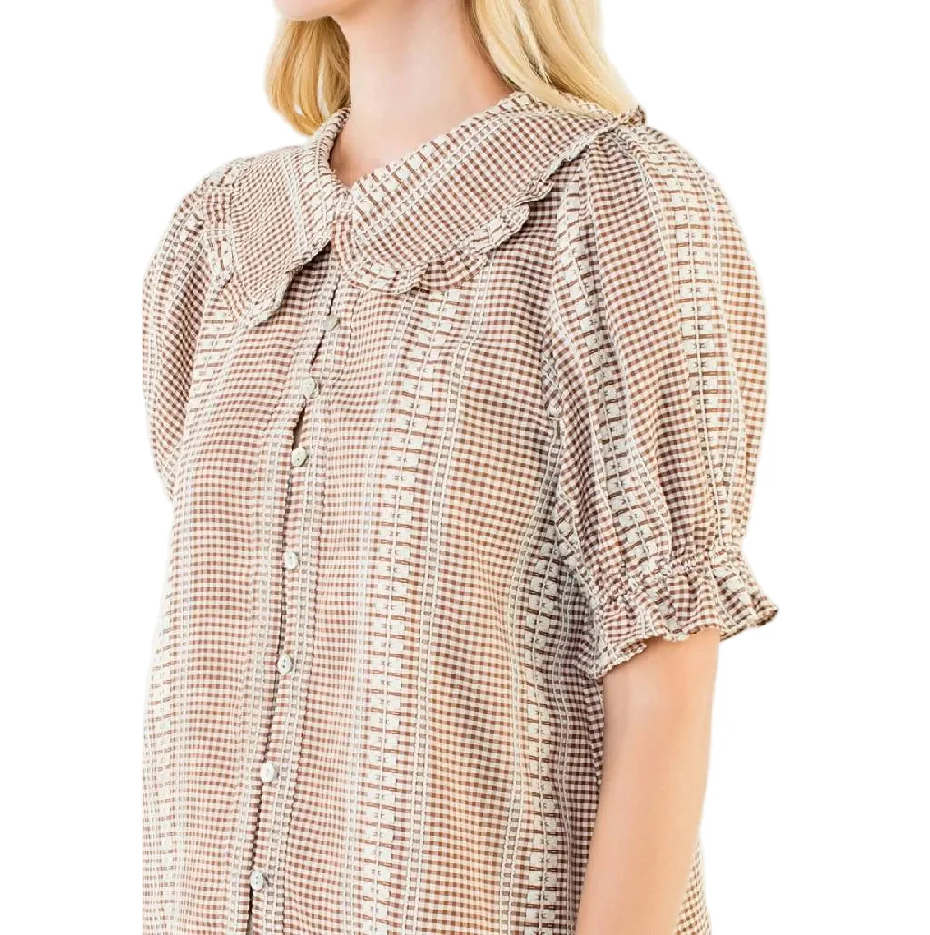 Puff Sleeve Brown Gingham Top