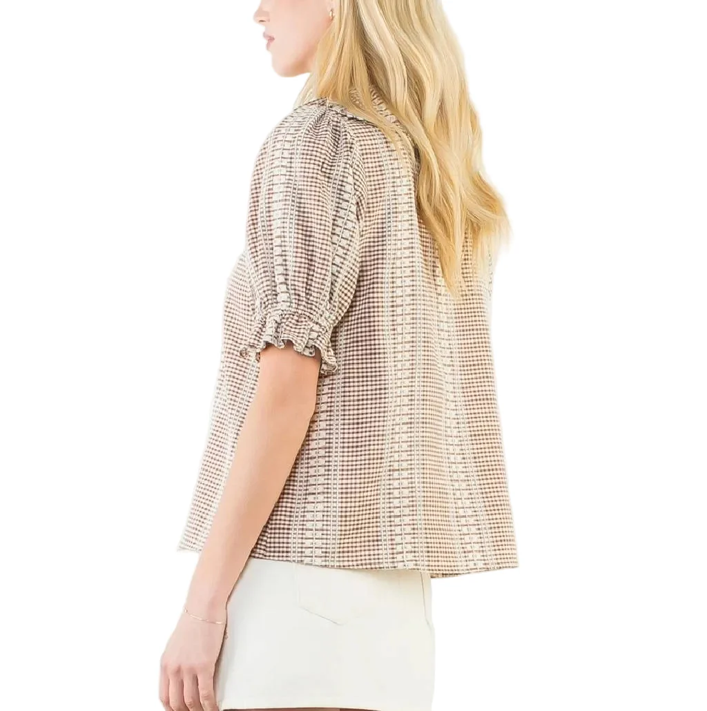 Puff Sleeve Brown Gingham Top - Image 2