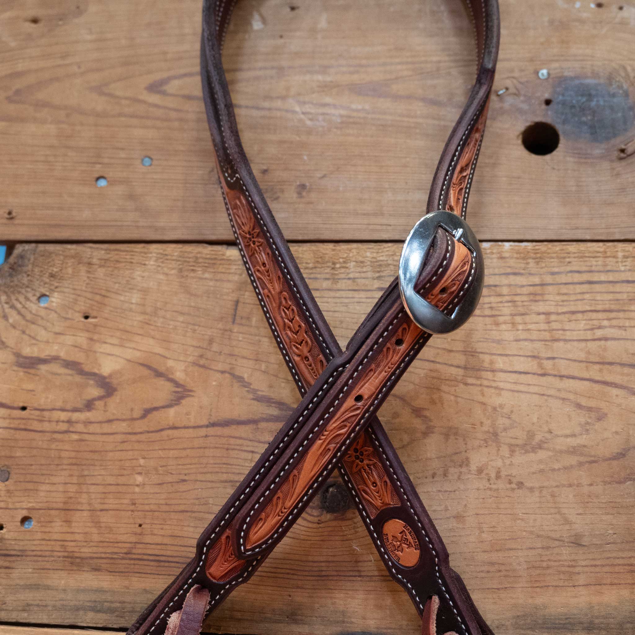 Ross Bullinger 3/4" Two Tone - Tooled Poinsettia Split Ear Headstall - Image 2