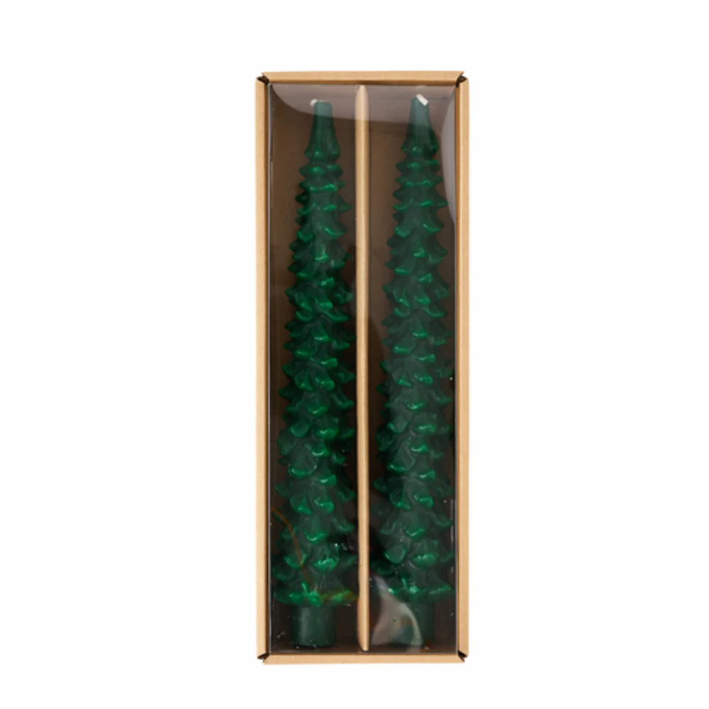 Green Christmas Tree Taper Candle Set