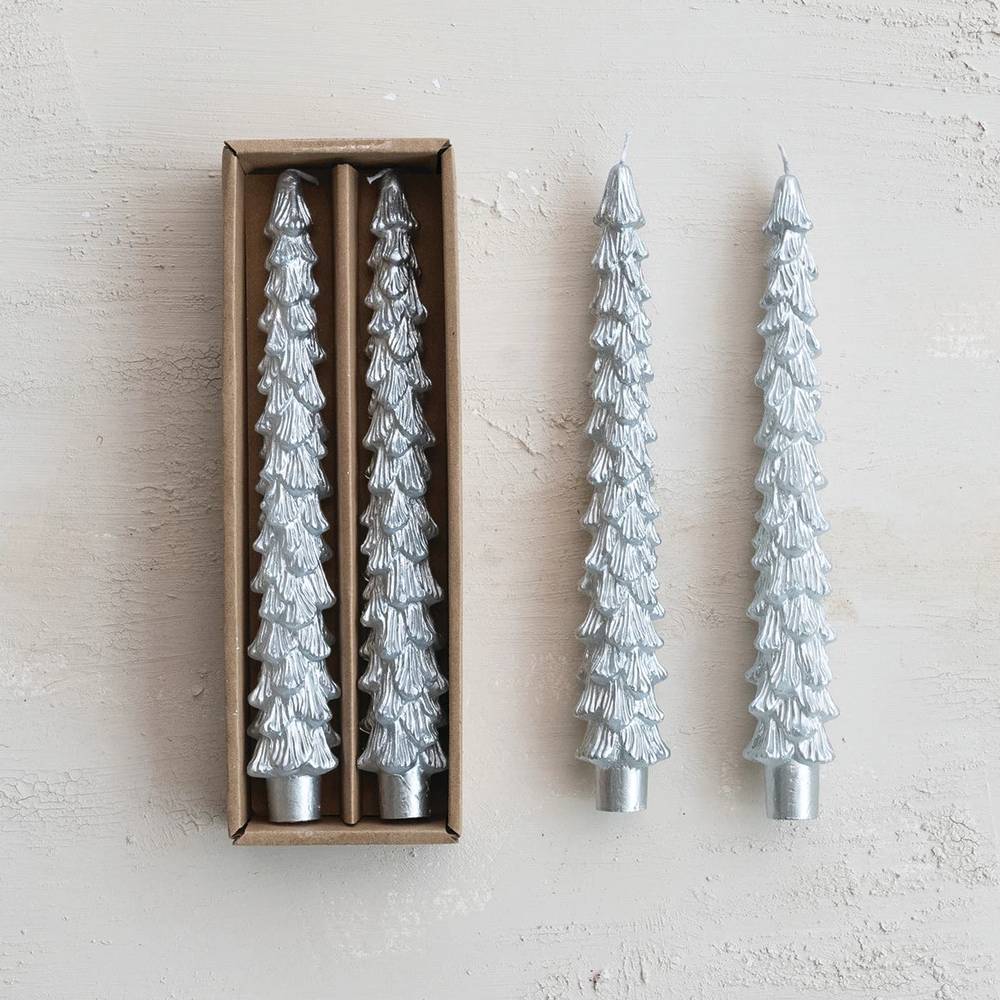 Silver Unscented Tree Shape Taper Candles - Set of 2 - FINAL SALE - Image 2
