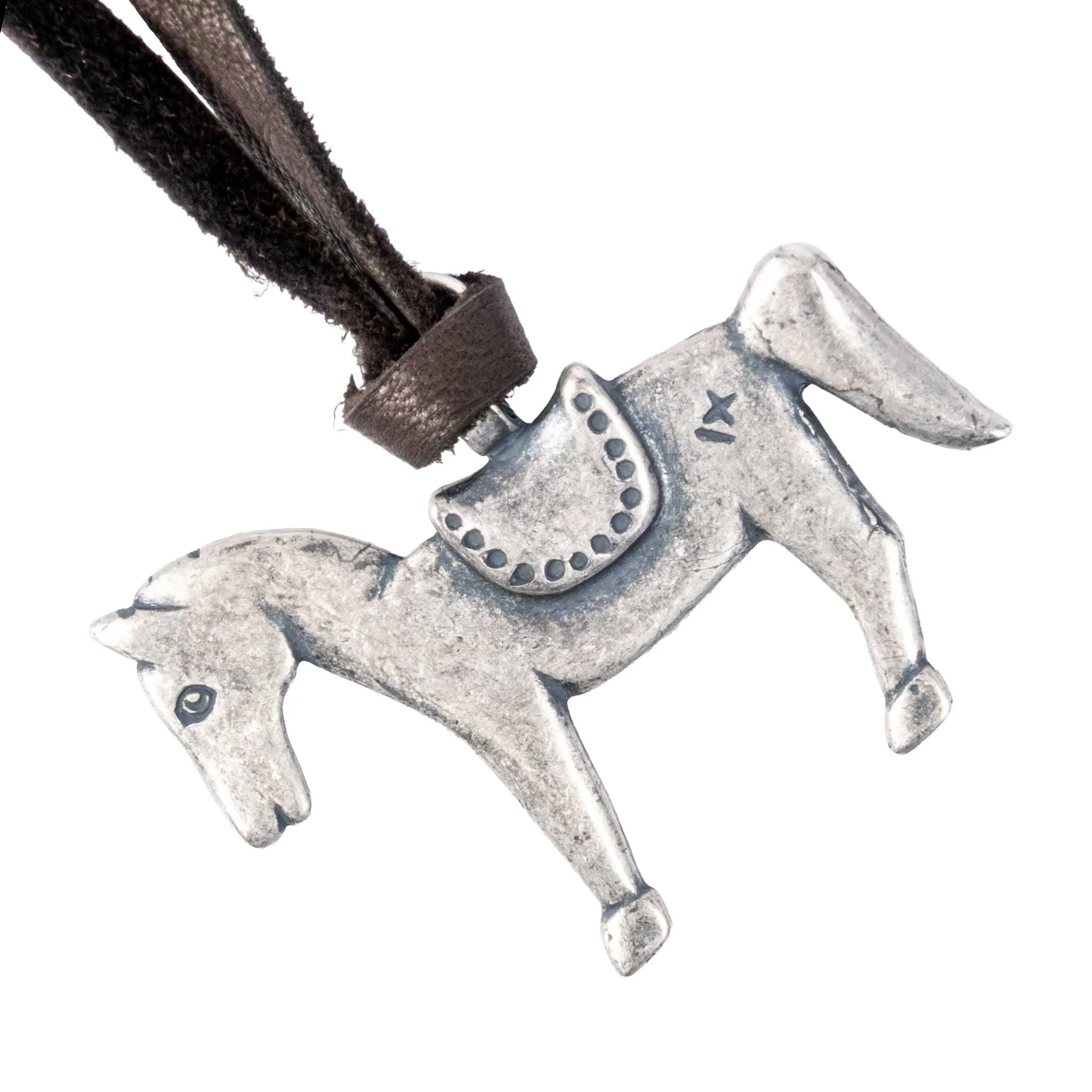 Peyote Bird Silver Horse on Leather Necklace