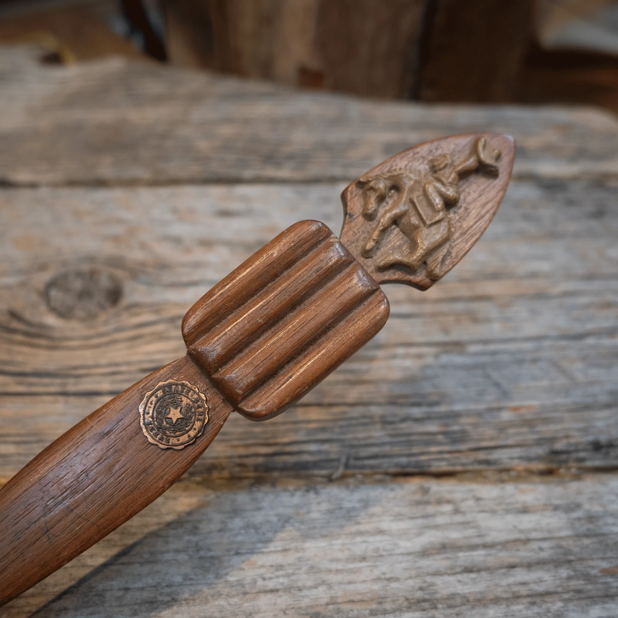 Solid Walnut Buck Cowboy State Seal of Texas Letter Opener - Image 2