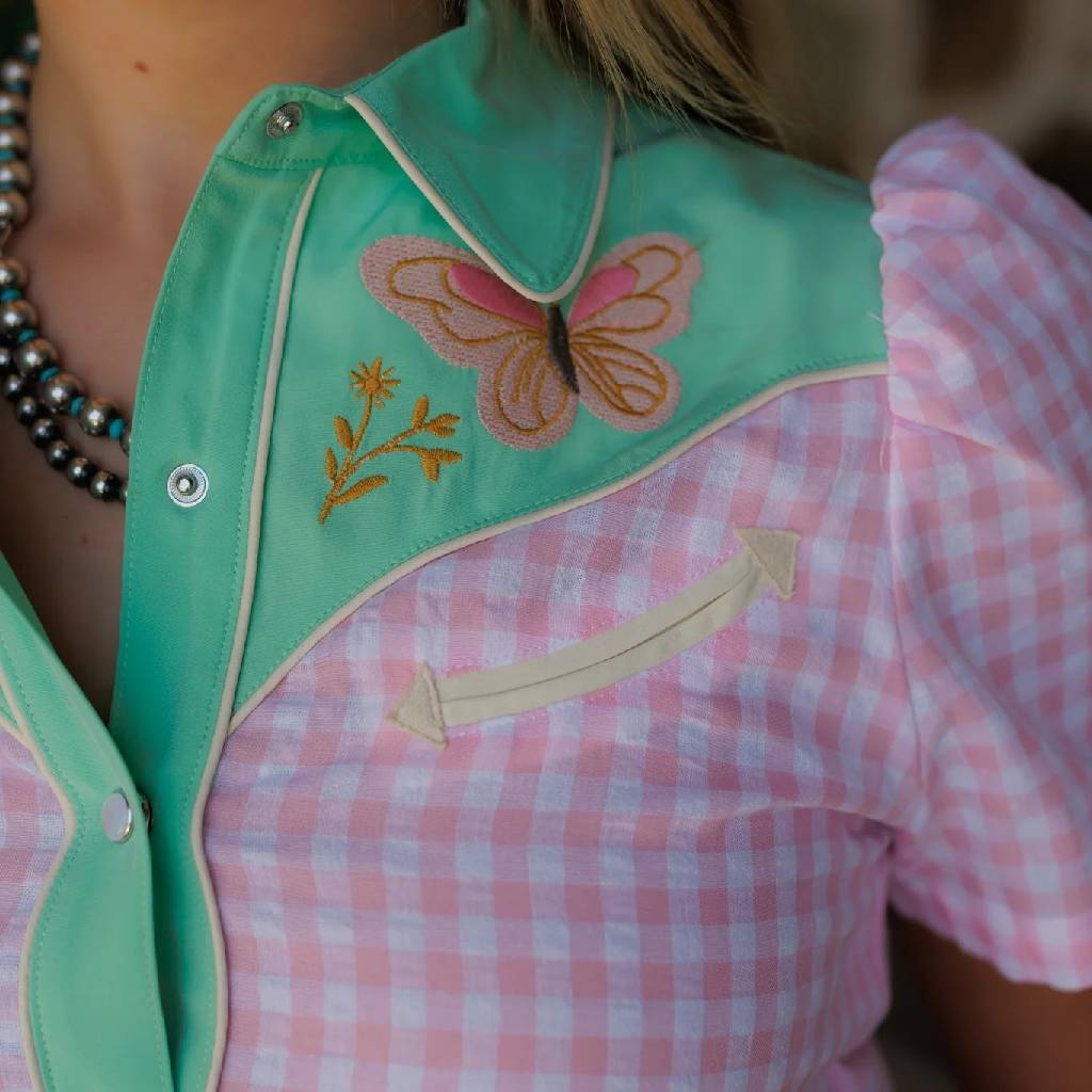 Howdy Hanny Butterfly Embroidery Pearl Snap Shirt - Image 2