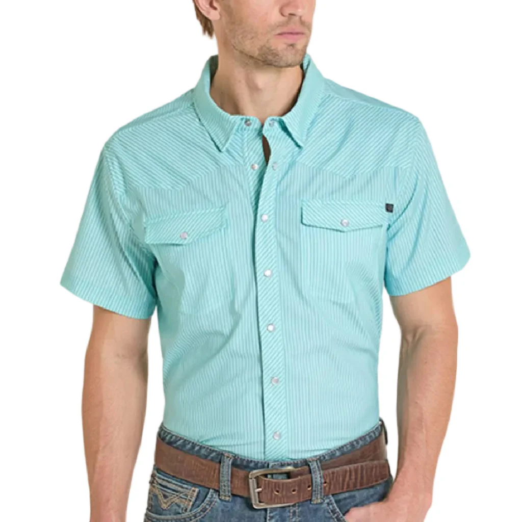 Rock & Roll Denim Men's Tek Core Stripe Pearl Snap Shirt - Light Turquoise
