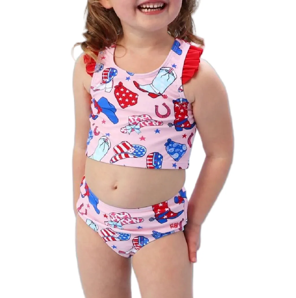 Ruffle Butts Pink Stars & Boots Racerback Tankini