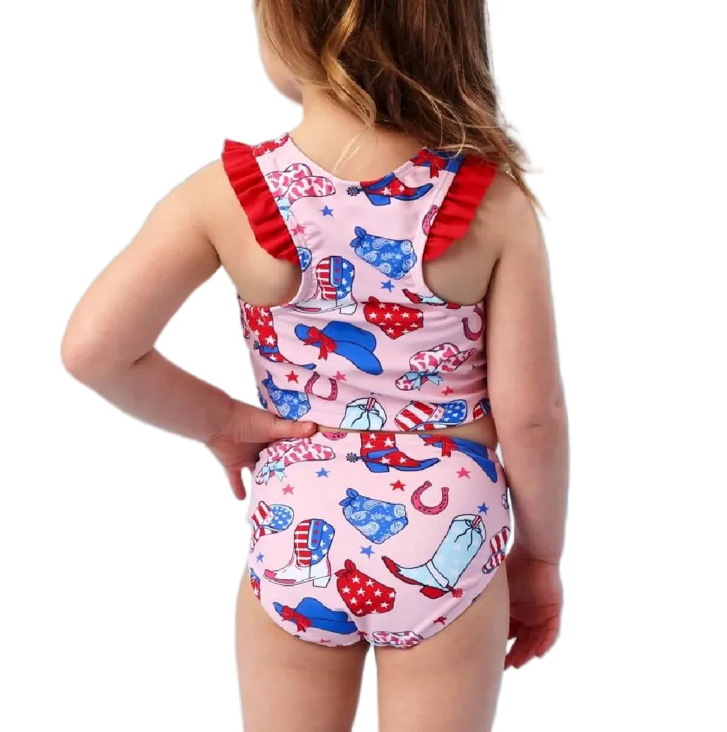 Ruffle Butts Pink Stars & Boots Racerback Tankini - Image 2