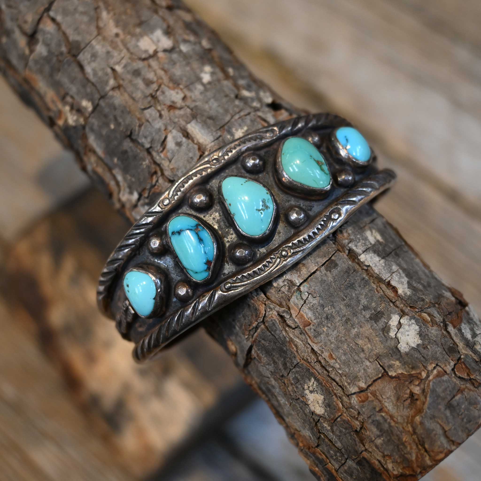 Antique Sterling Silver Cuff w/ 5 Turquoise Stones - Image 2