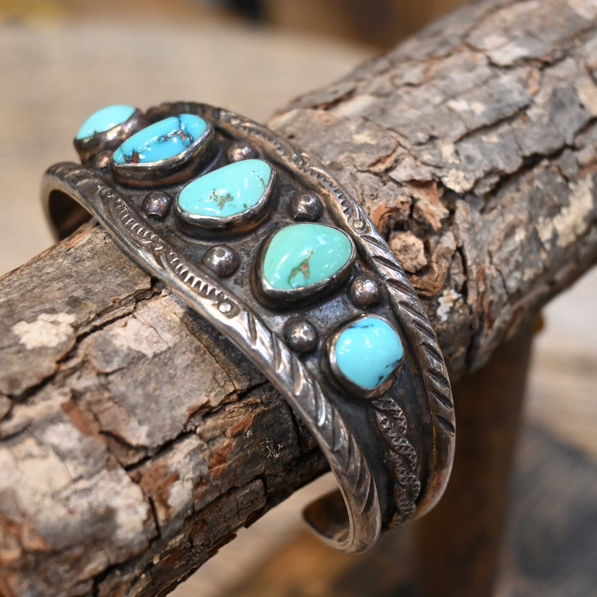 Antique Sterling Silver Cuff w/ 5 Turquoise Stones - Image 3