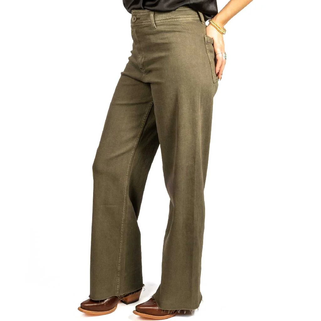 Straight Wide Leg Faded Olive Denim Jean