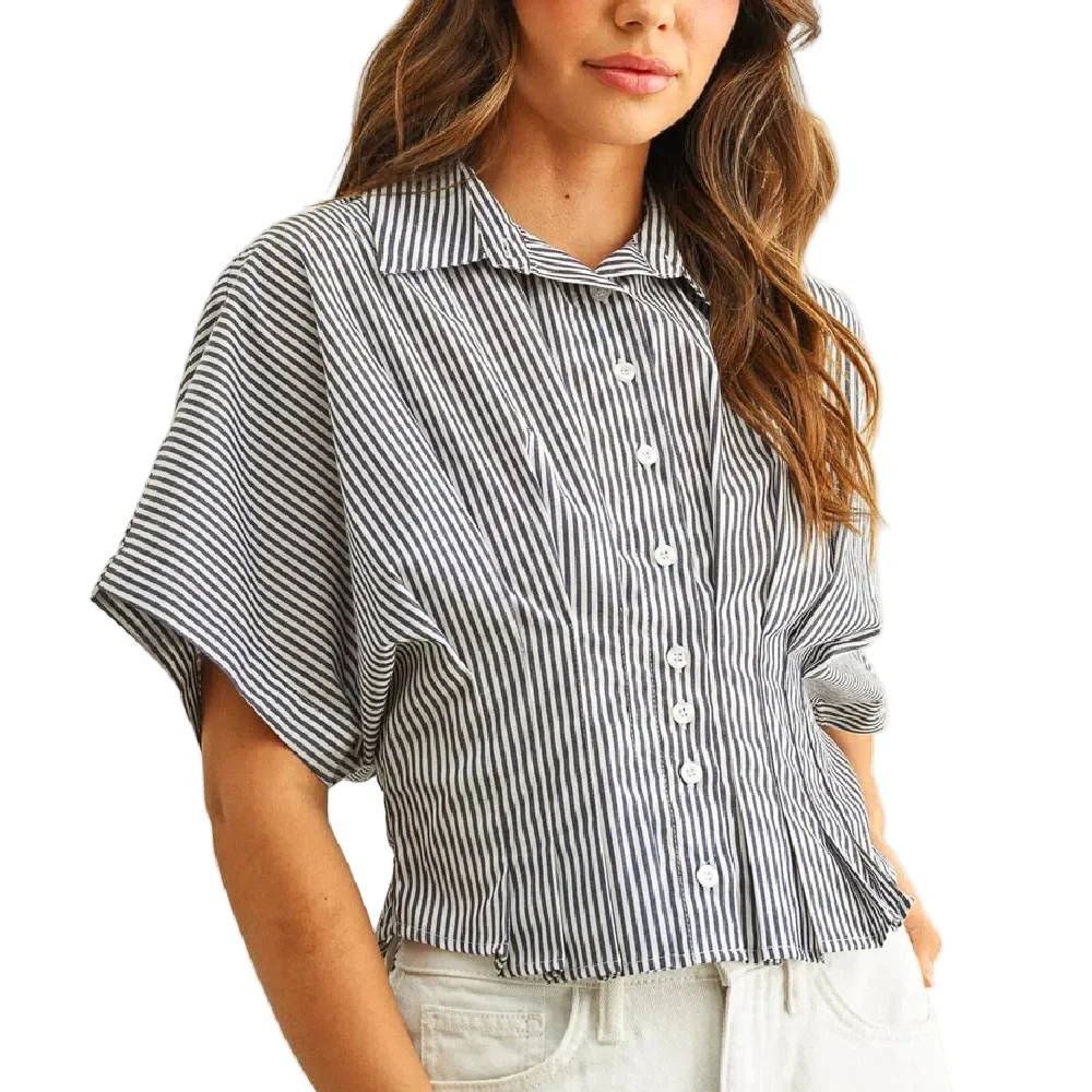 Navy Stripe Pleated Waist Top