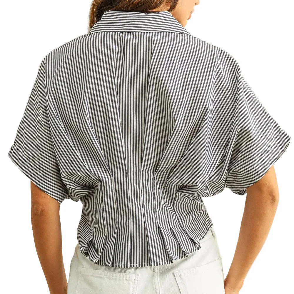 Navy Stripe Pleated Waist Top - Image 2