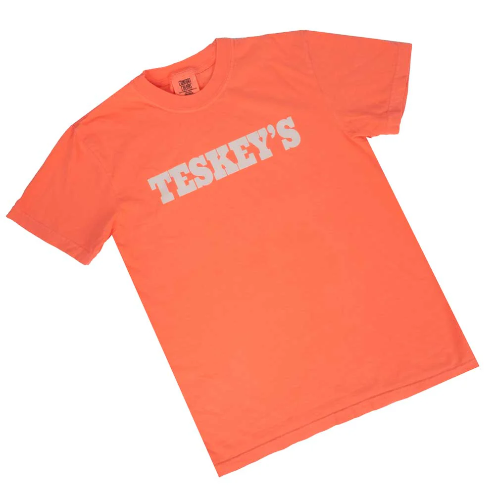 Teskey's Plain Logo Tee - Neon Red/Orange - Image 2