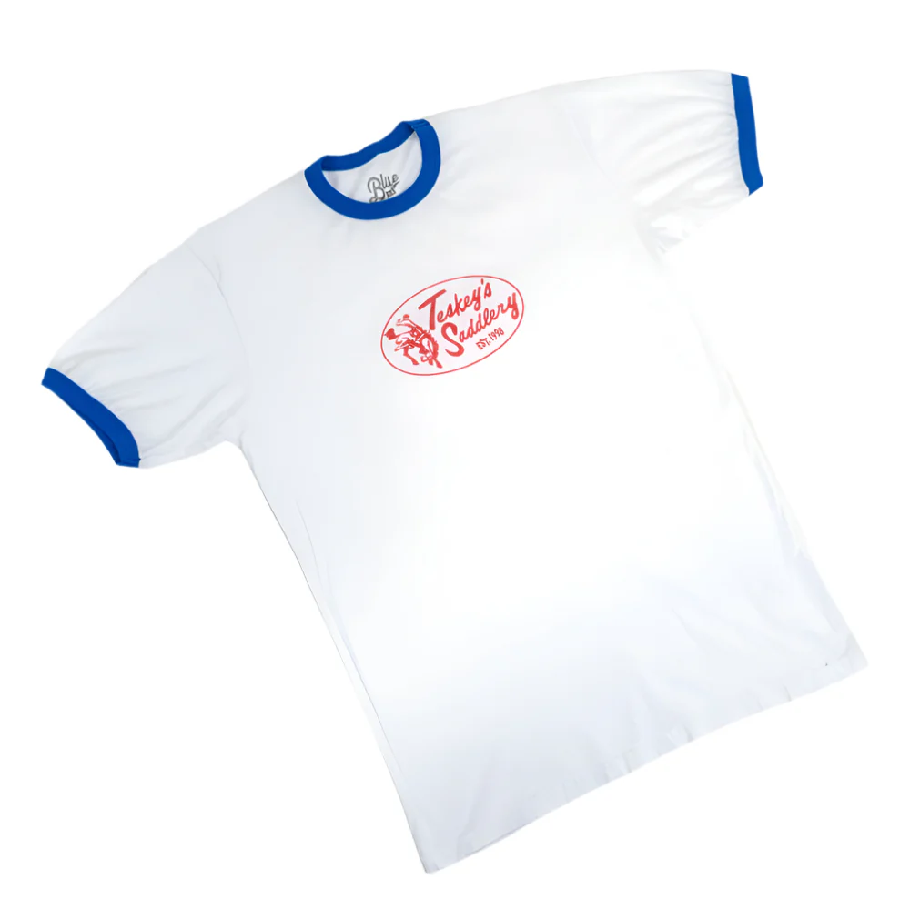 Teskey's Saddlery Retro Tee - Red/White/Royal Blue - Image 2