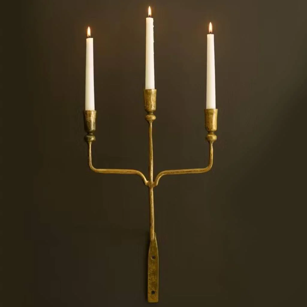 Antique Brass Triple Tapered Iron Wall Sconce - Image 2