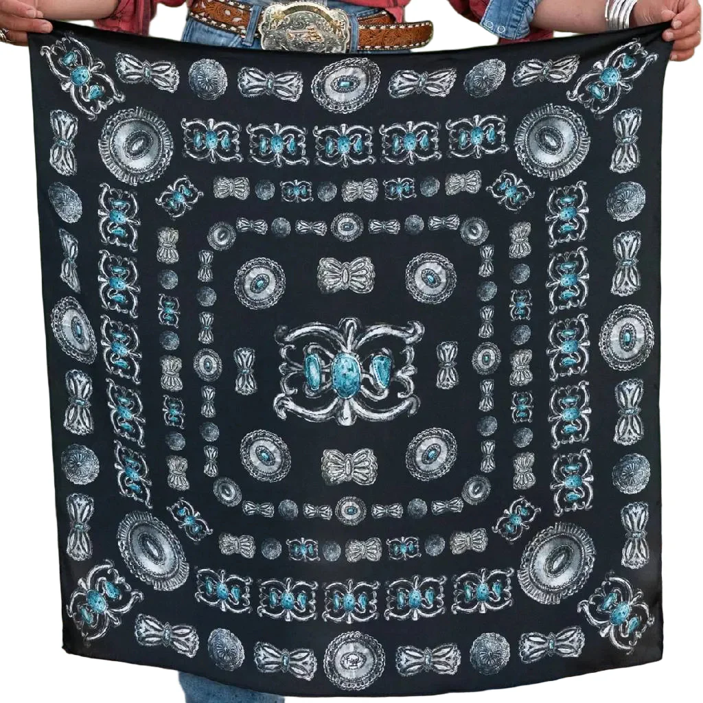 Fringe Scarves Turquoise and Conchos Black Shorty Scarf