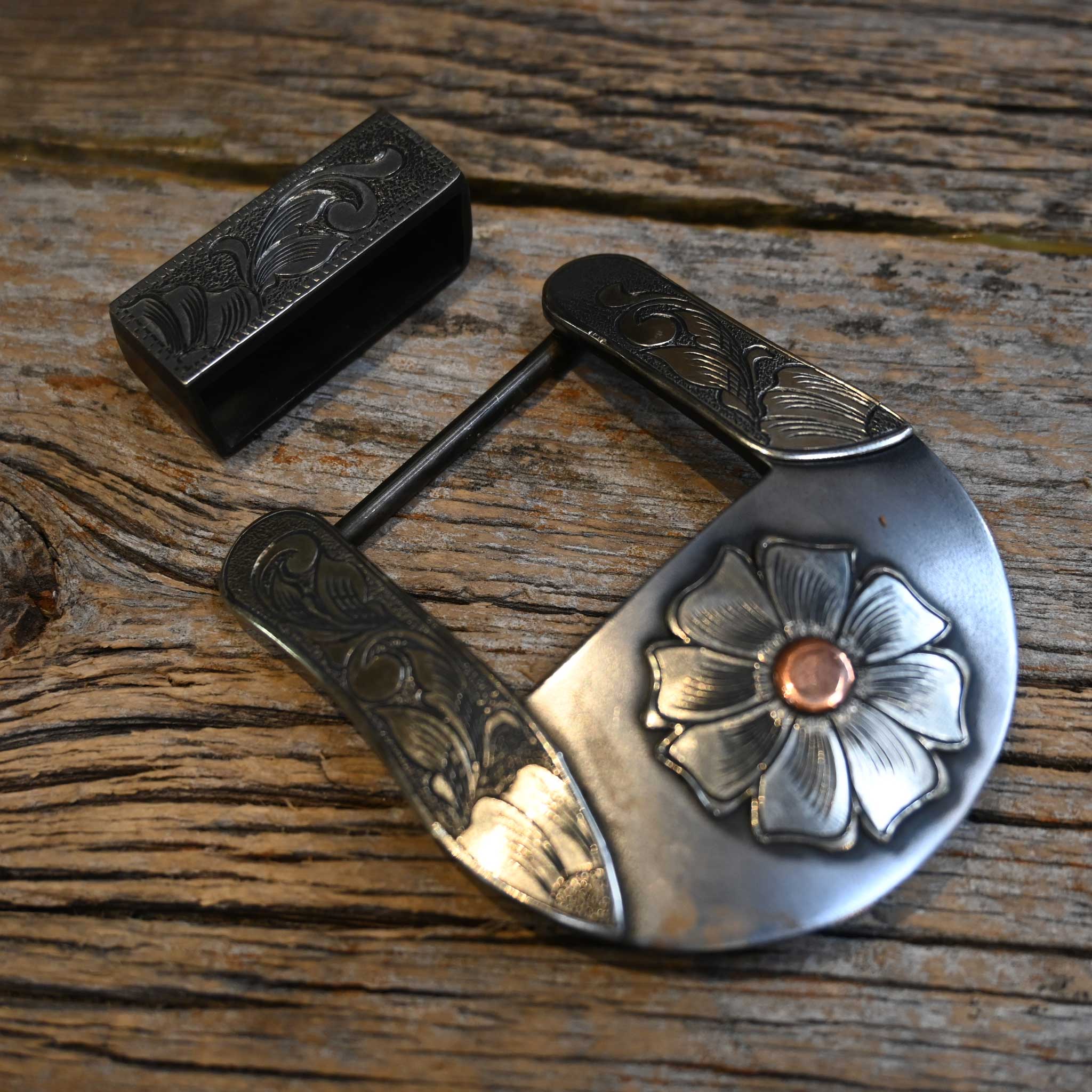 Turtle Jones 2 piece Mounted Copper & Silver Flower Buckle 267