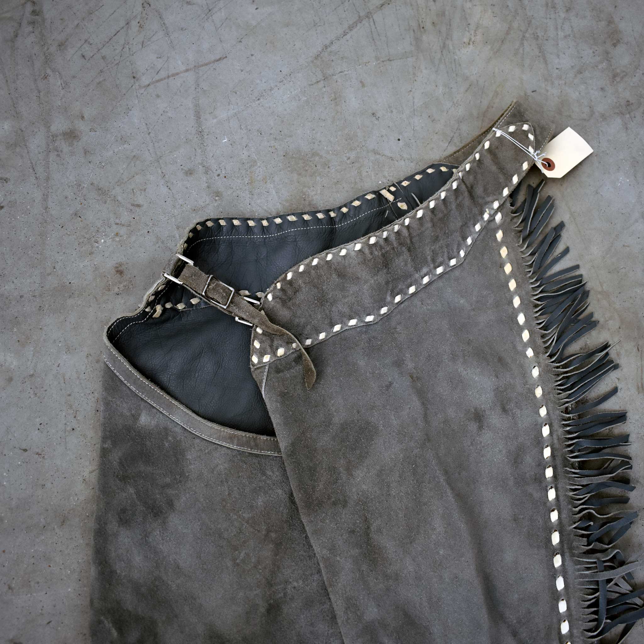 Used Baby Blue Women's Fringed Chaps With White Leather Stitching - Image 2