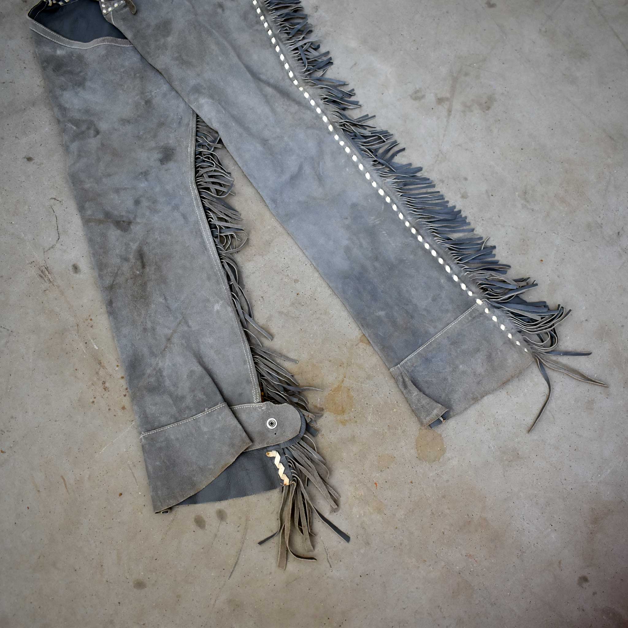 Used Baby Blue Women's Fringed Chaps With White Leather Stitching - Image 3