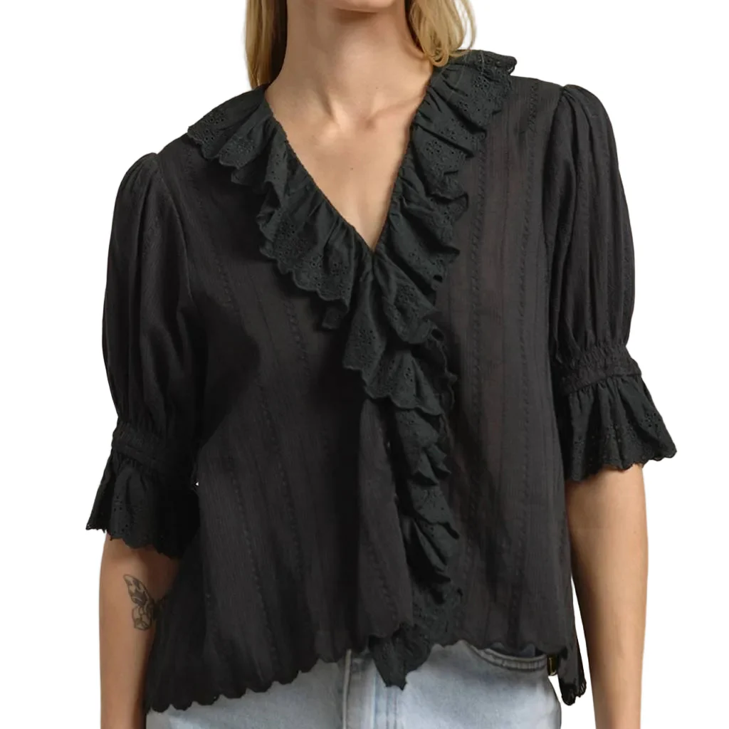 V-Neck Ruffle Black Top