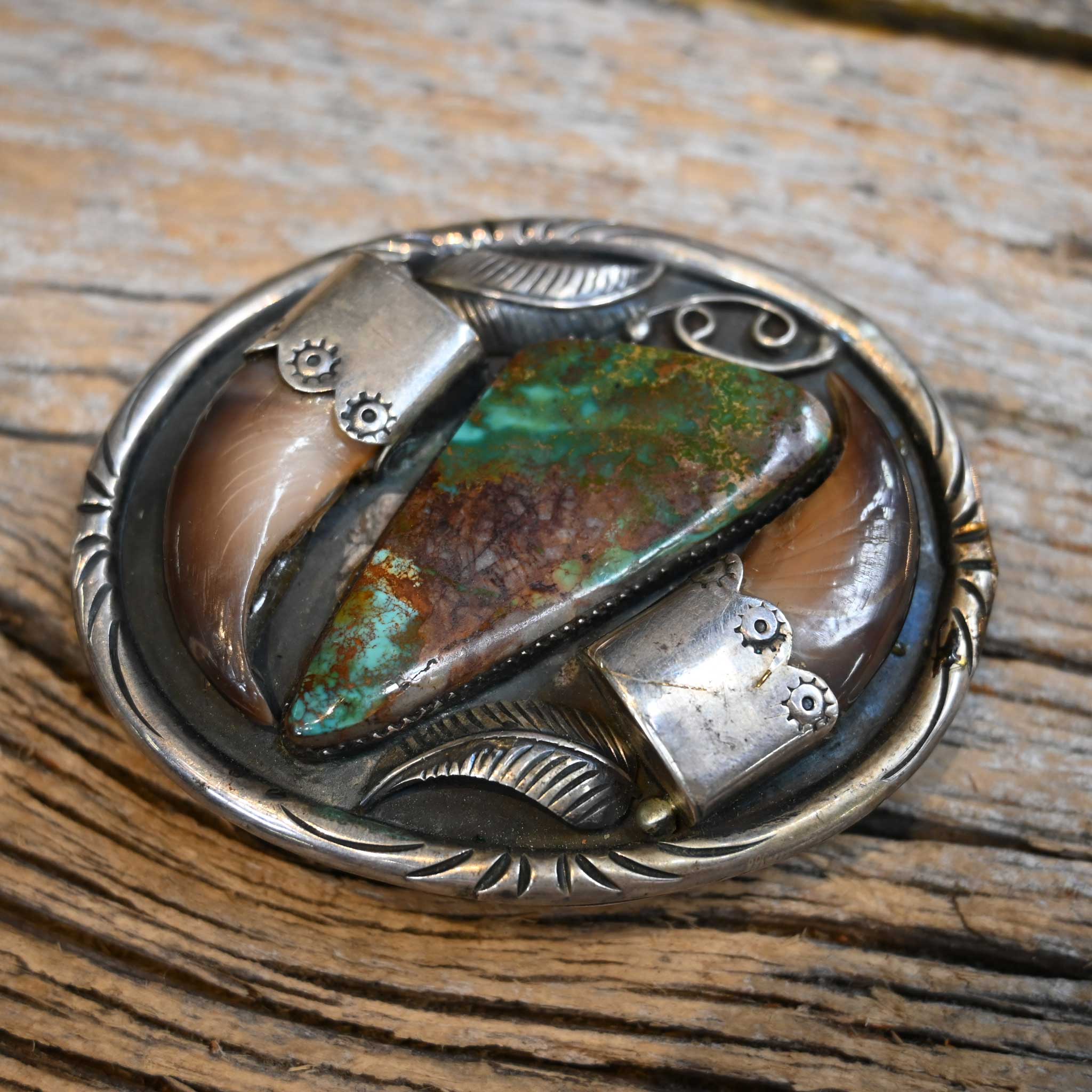 Vintage Unique Sterling Silver Turqouise & Bear Claw's Belt Buckle