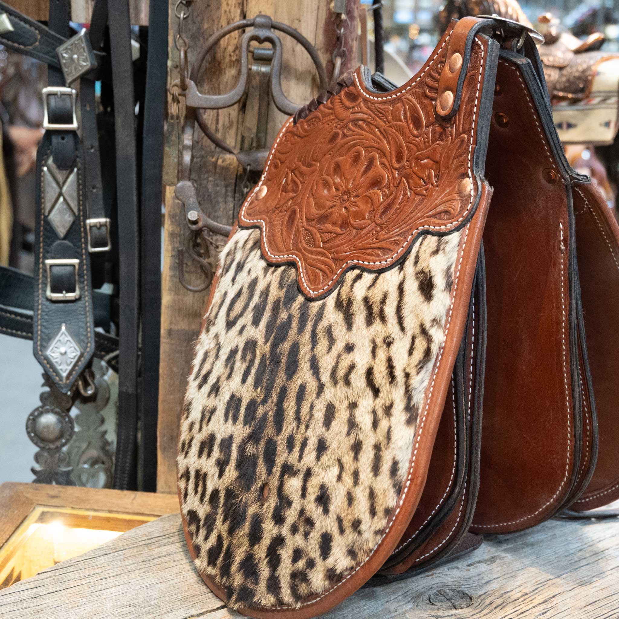 Vintage Real Leopard Hide Tooled Pommel Bags by John Clark Shakopee Minn. - Image 2