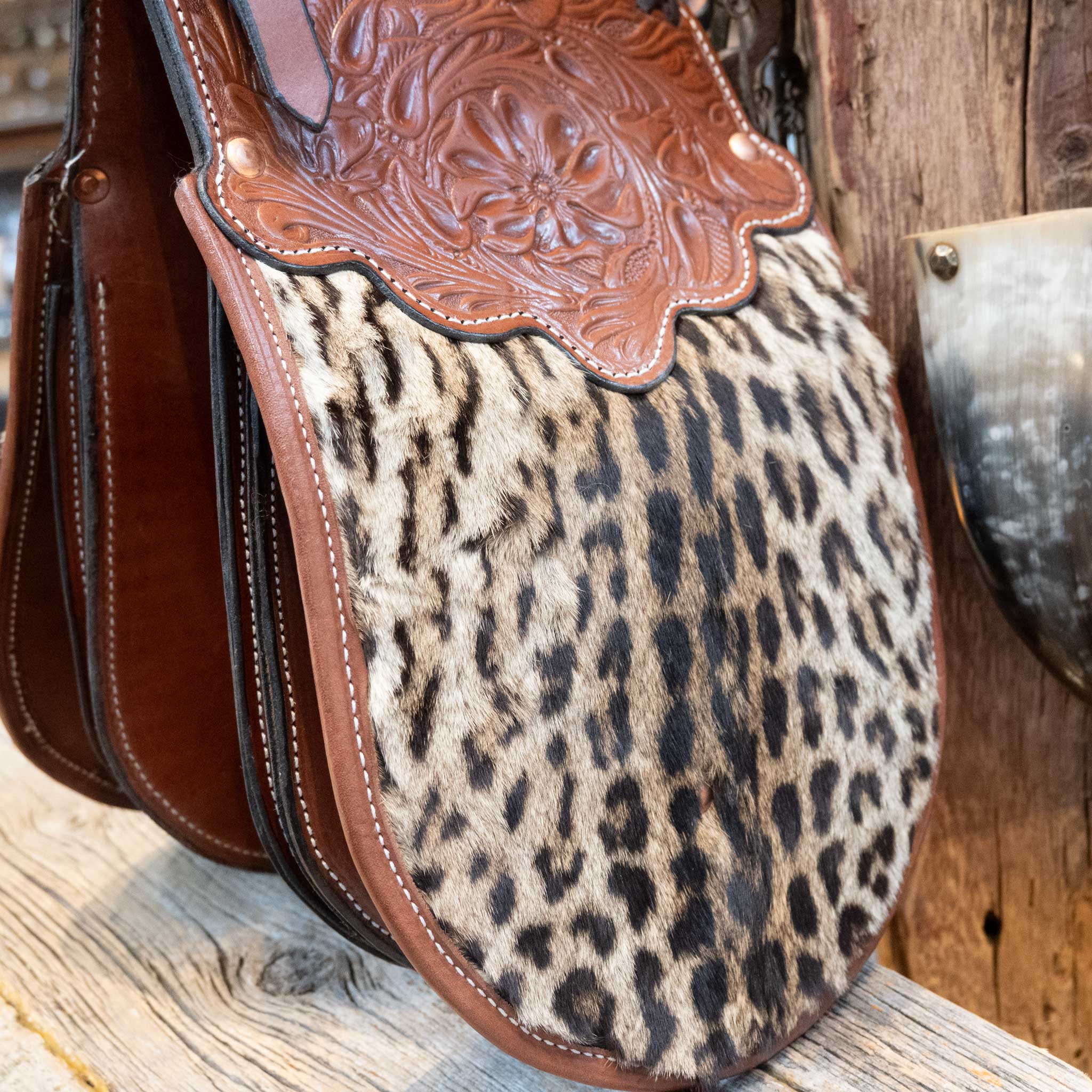 Vintage Real Leopard Hide Tooled Pommel Bags by John Clark Shakopee Minn. - Image 3