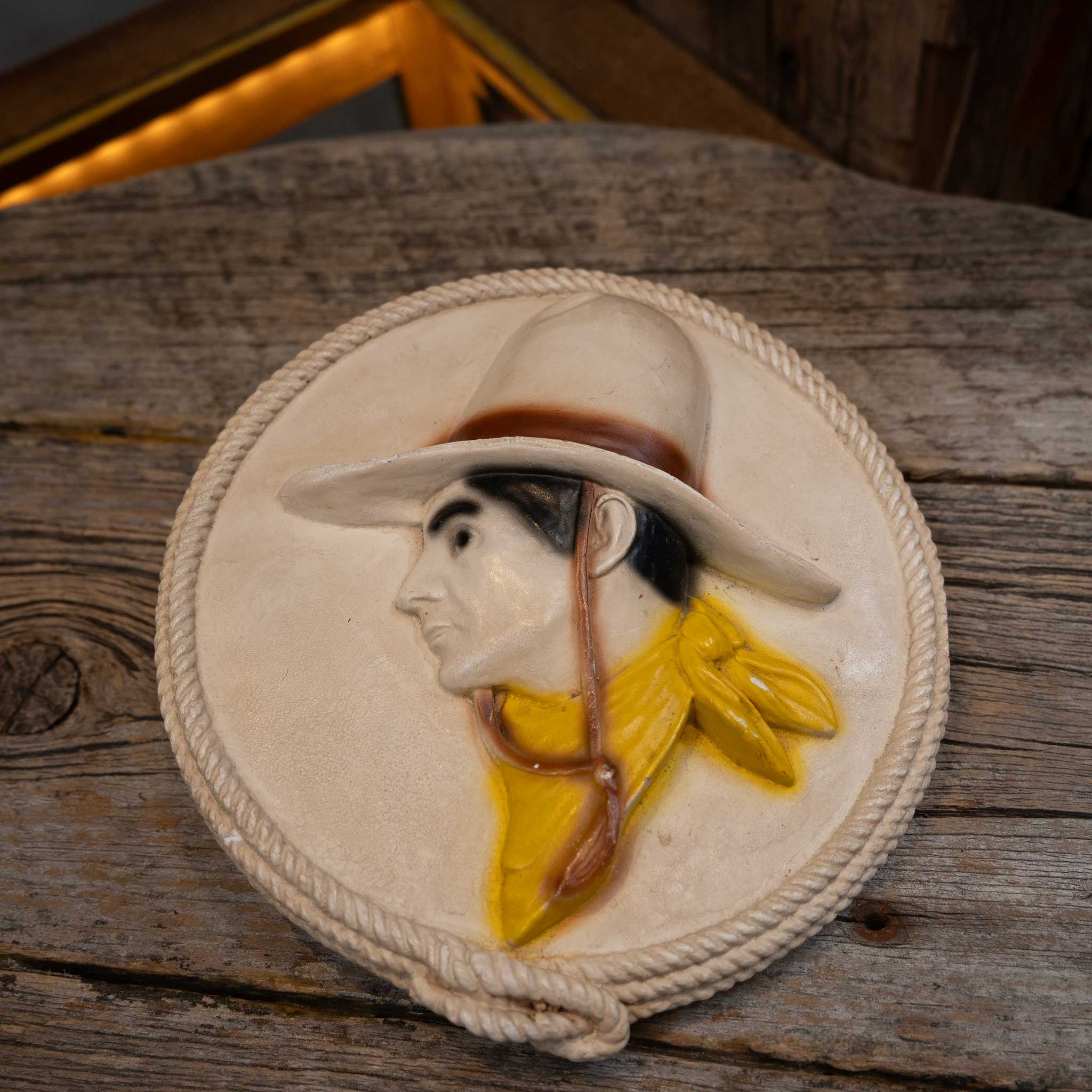 Vintage Chalkware Signed Cowboy Wall Hanger - Image 3