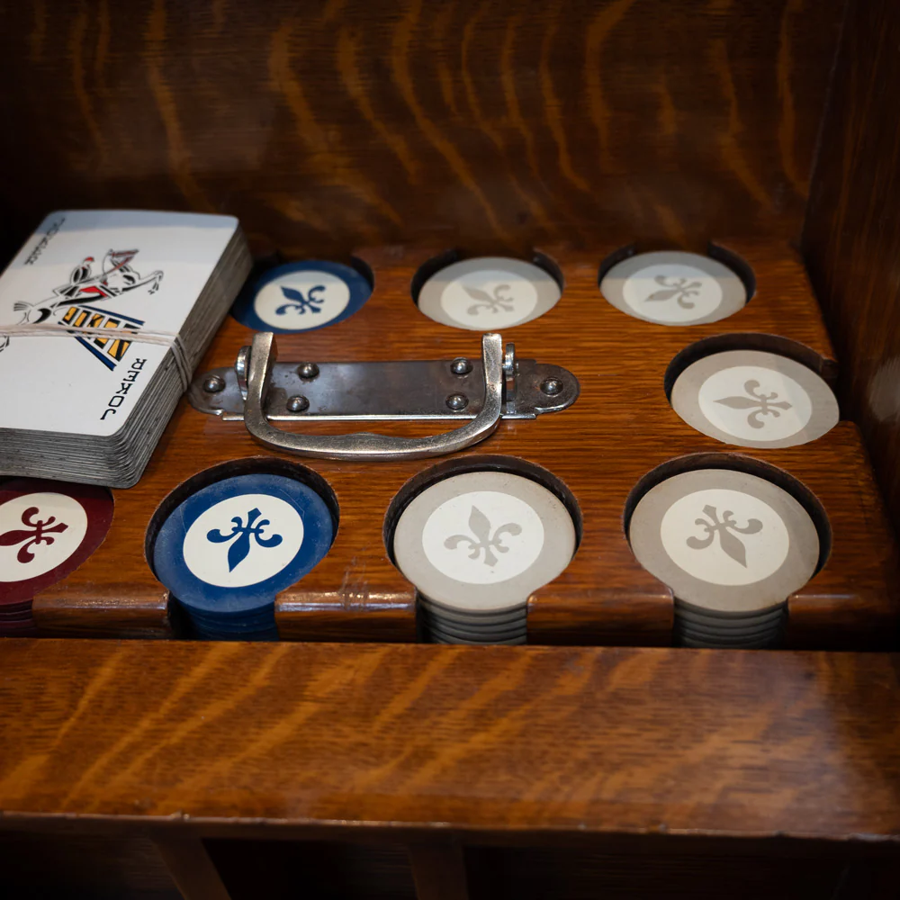 1940’s Tiger Oak Roll Top Desk Poker Chips Set - Image 5