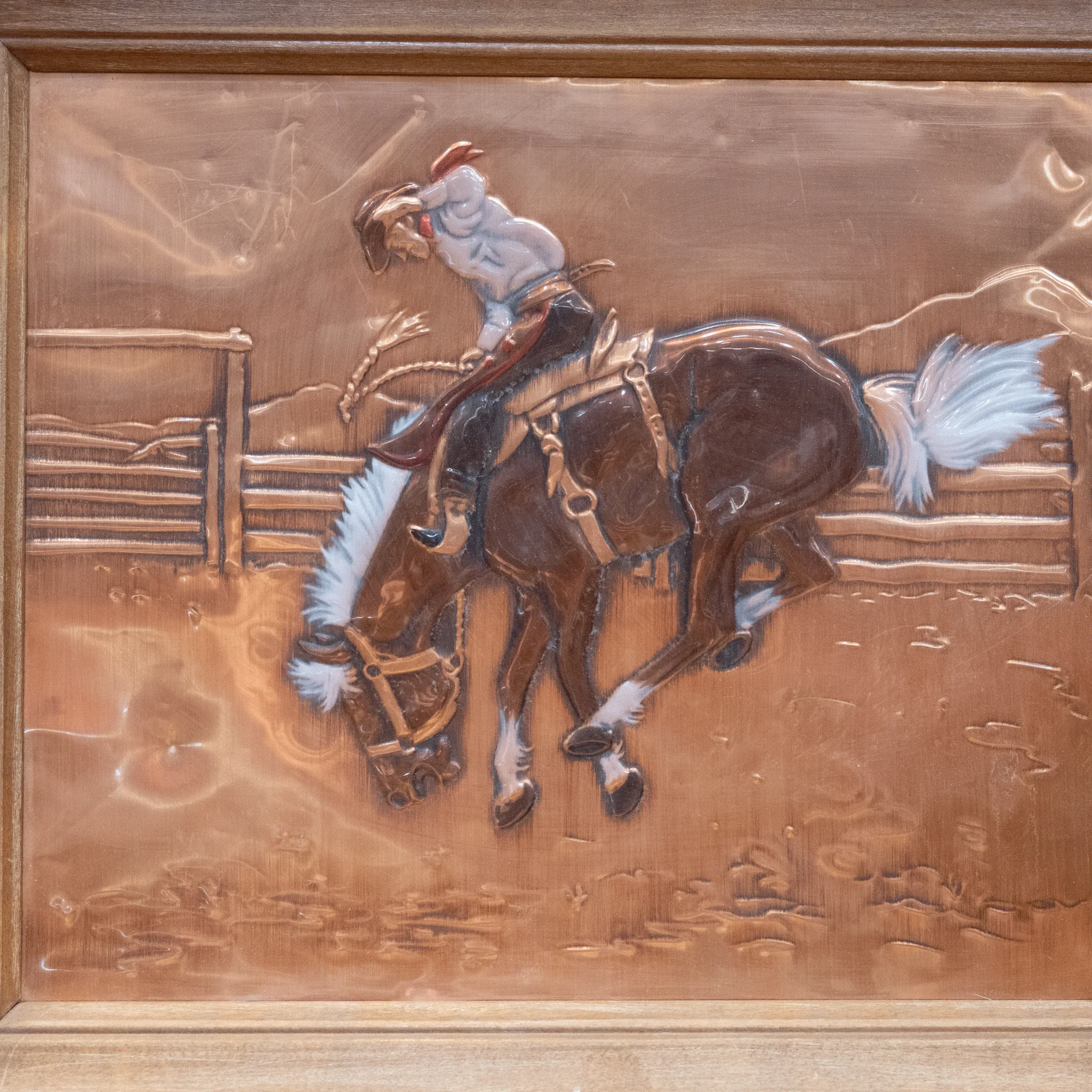 Vintage Embossed Framed Copper Artwork Bucking Cowboy - Image 2