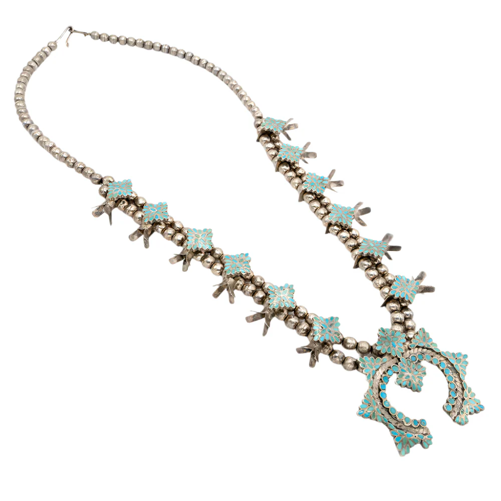 Vintage Dishta Turquoise Inlay Squash Blossom Necklace - Image 2