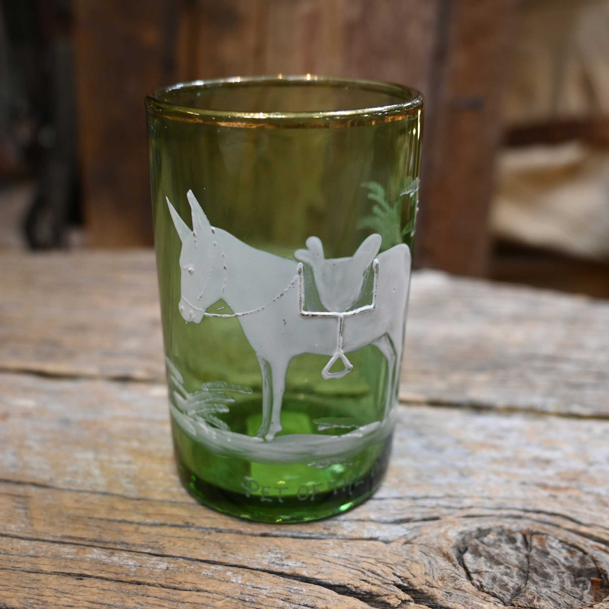 Vintage Mary Gregory Painted Green Glass Cup w/Gold Rim