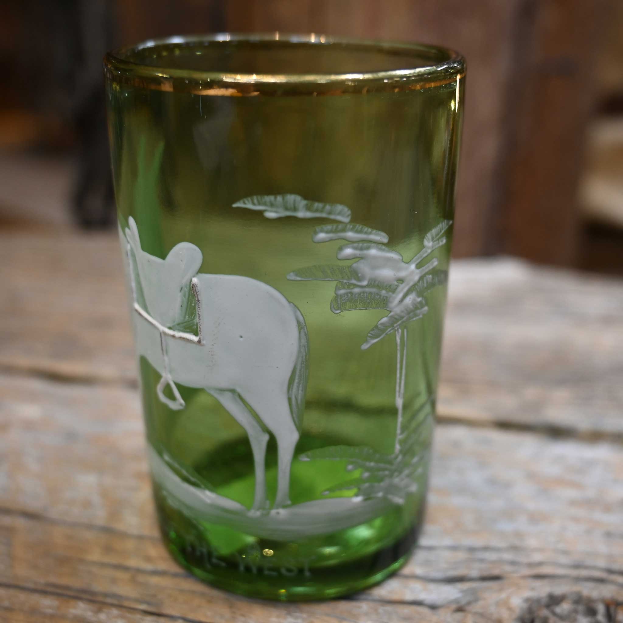 Vintage Mary Gregory Painted Green Glass Cup w/Gold Rim - Image 2
